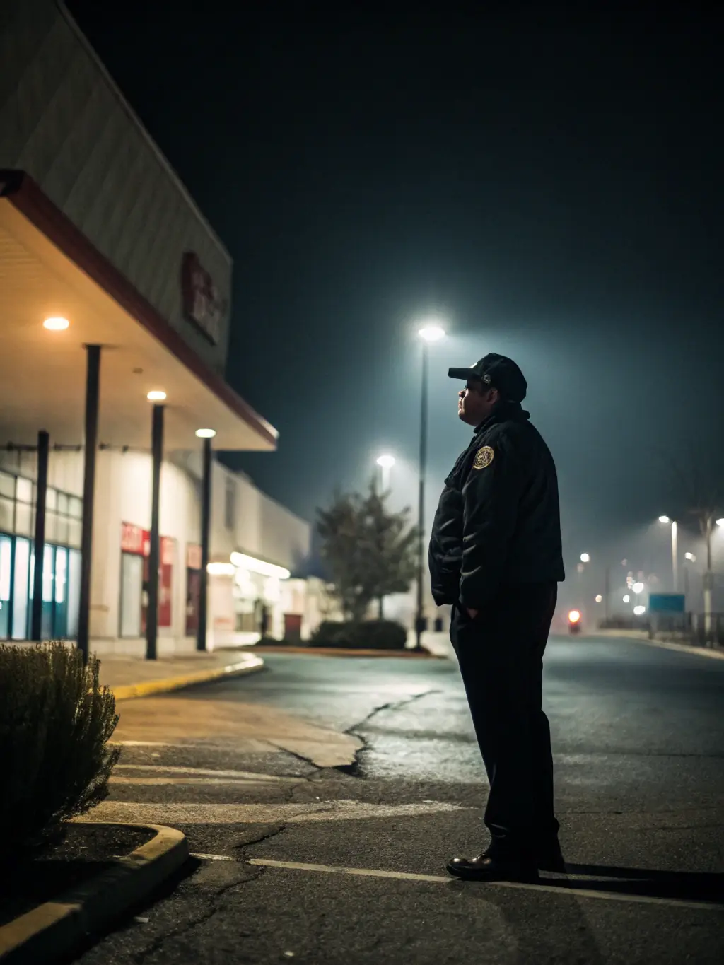 A security guard standing watch outside a corporate office building at night, ensuring the safety and security of the premises.