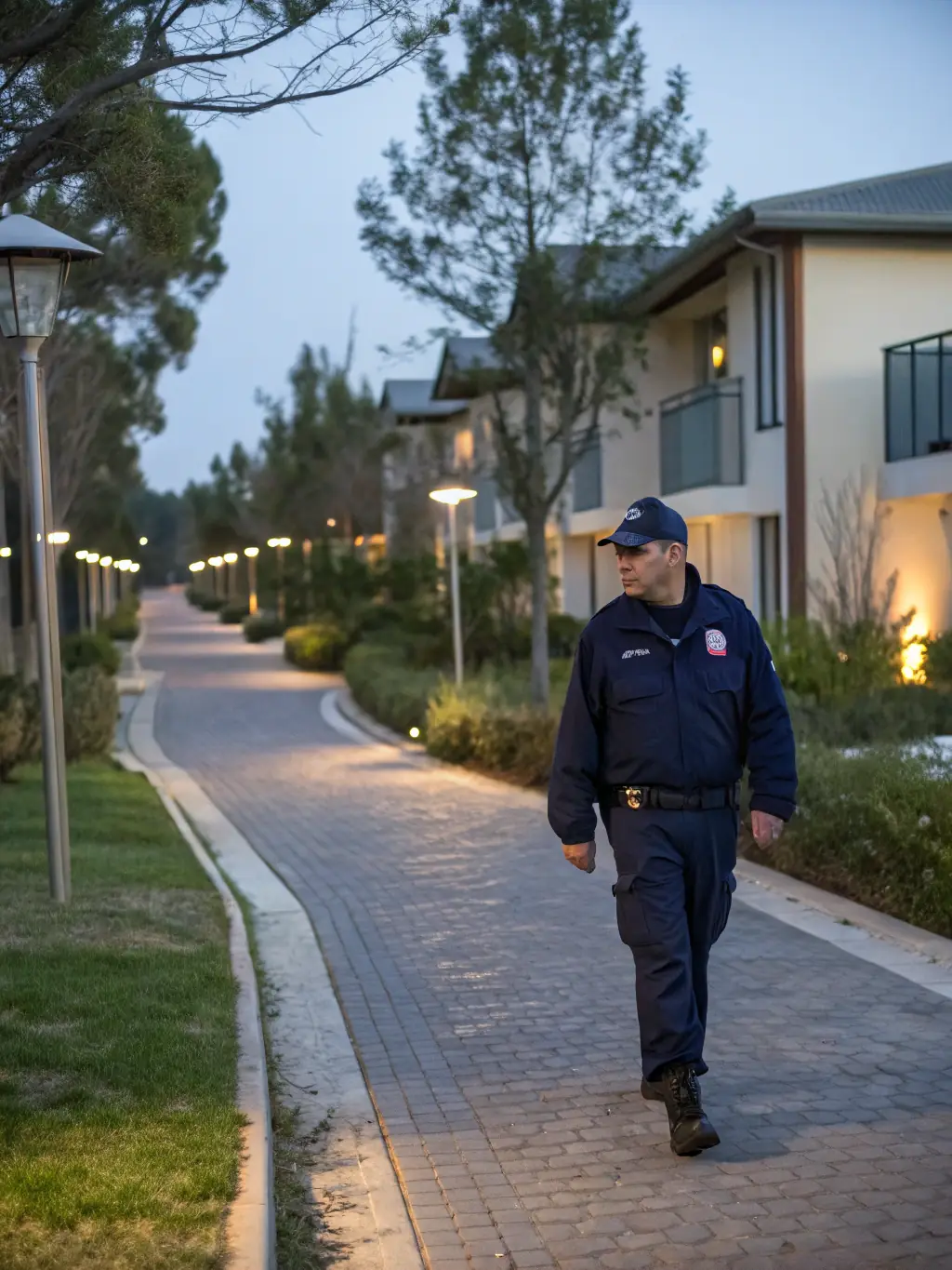 A security guard patrolling a residential community, providing a visible presence to deter crime and ensure resident safety.