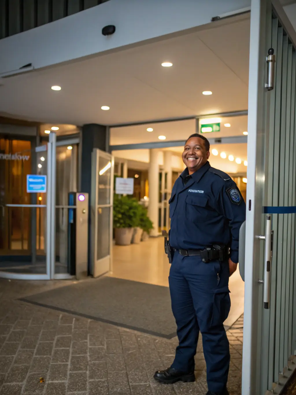 A close-up shot of a security guard's smiling face, conveying approachability and trustworthiness, set against a blurred background of a corporate office lobby.