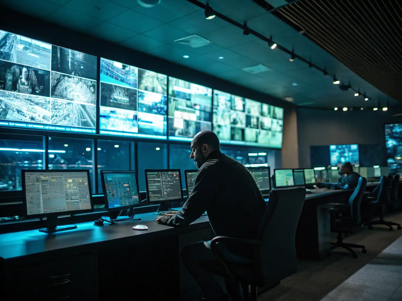 A security control room featuring multiple monitors displaying real-time surveillance footage, highlighting the use of advanced technology in monitoring and response.