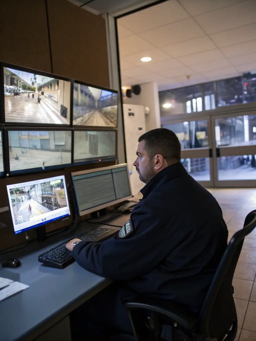 A security professional monitoring surveillance cameras in a high-tech control room, ensuring real-time threat detection and response.